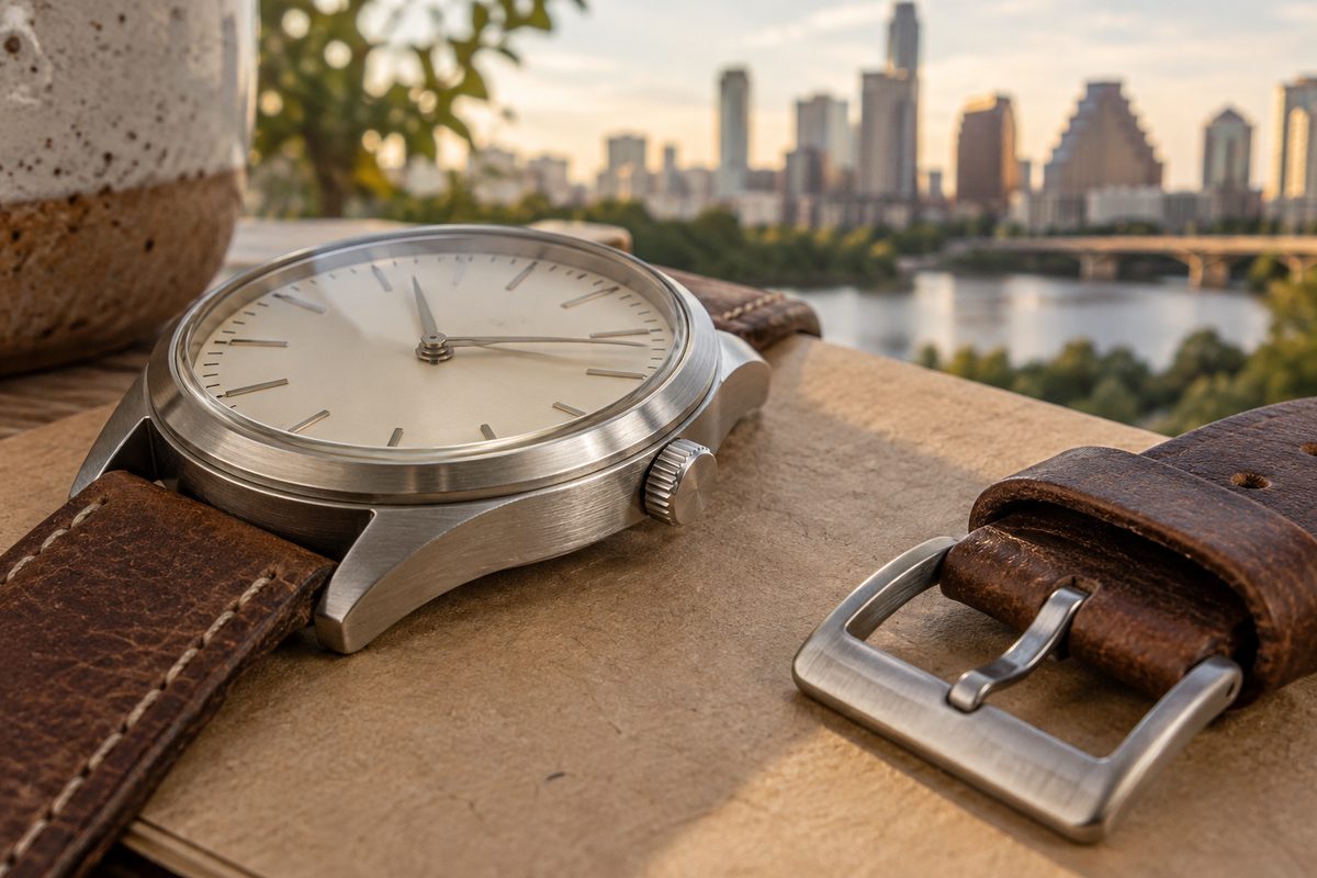 Close detail of the Arc 36 brushed case and pale dial
