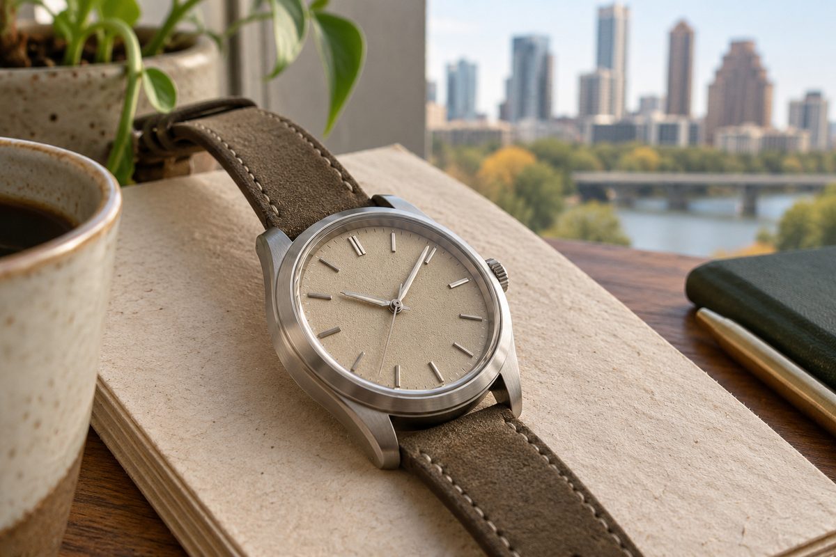 Broad brushed case and sand dial detail on Civic 42